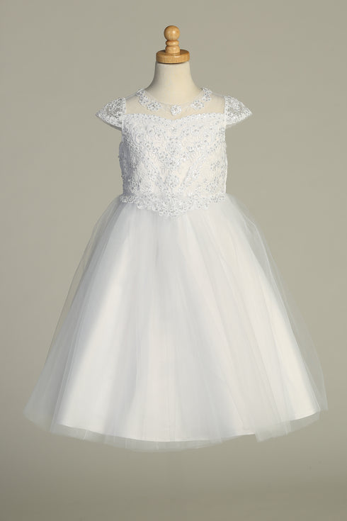 Girls Illusion Neckline Pearl Sequin Corded Embroidered Tulle Communion Plus Size Dress 8.5-20.5